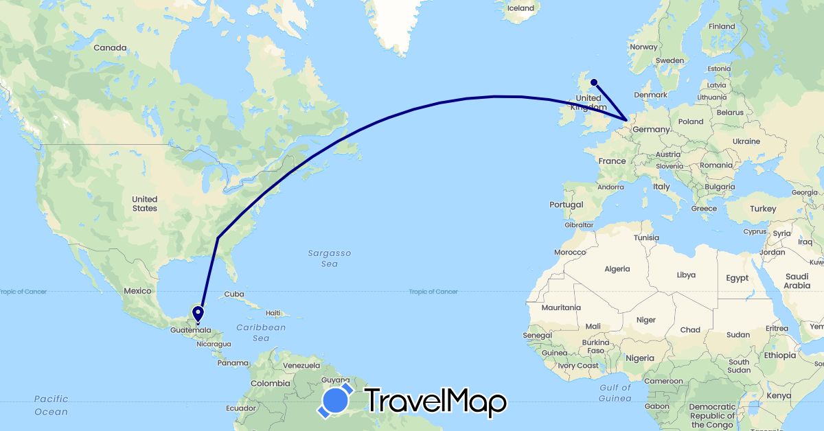 TravelMap itinerary: driving in Belize, United Kingdom, Netherlands, United States (Europe, North America)